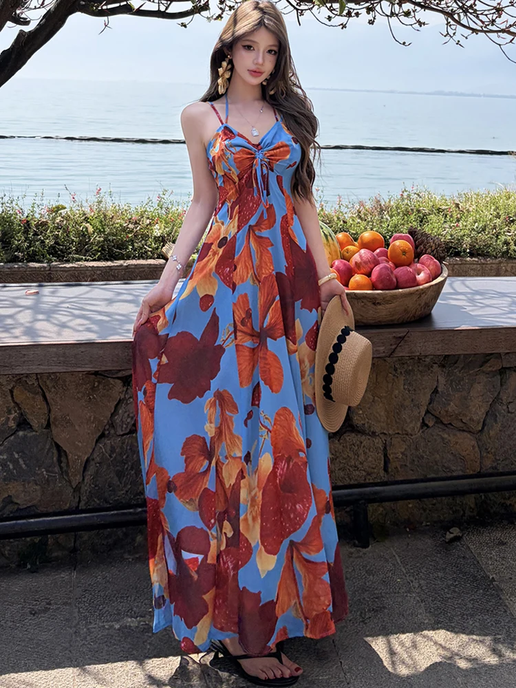 

Summer Floral Chic Bow Pleated V-Neck Sling Long Dress Women Elegant Casual Beach Style Dress 2026 Korean Fashion Festival Dress