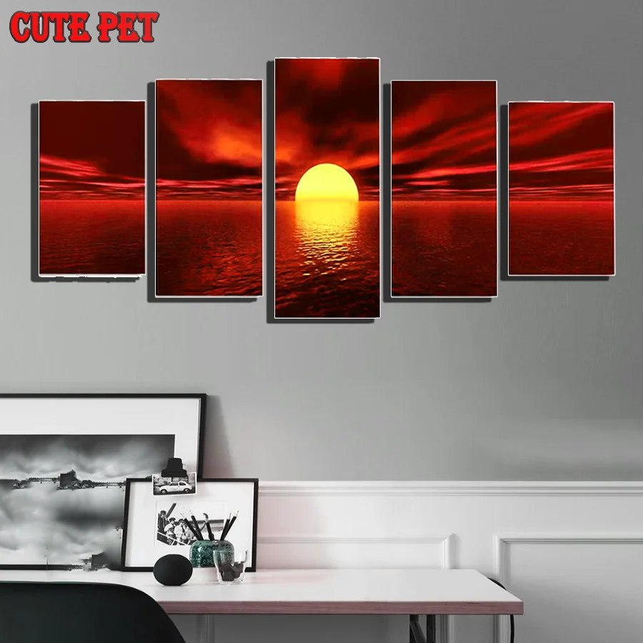 Diy diamond embroidery Beautiful sea horizon sunset  full square diamond painting mosaic 5d scenery rhinestone decor salon 5PCS