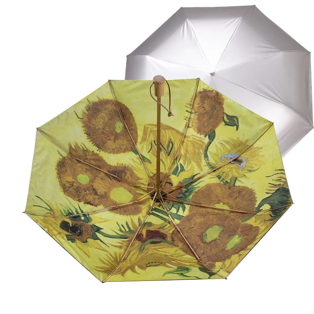 Mini Sun Umbrella Van Gogh Oil Painting Automatic Umbrella Oil Painting Automatic Windproof Wind Resistant Sun Folding Umbrella