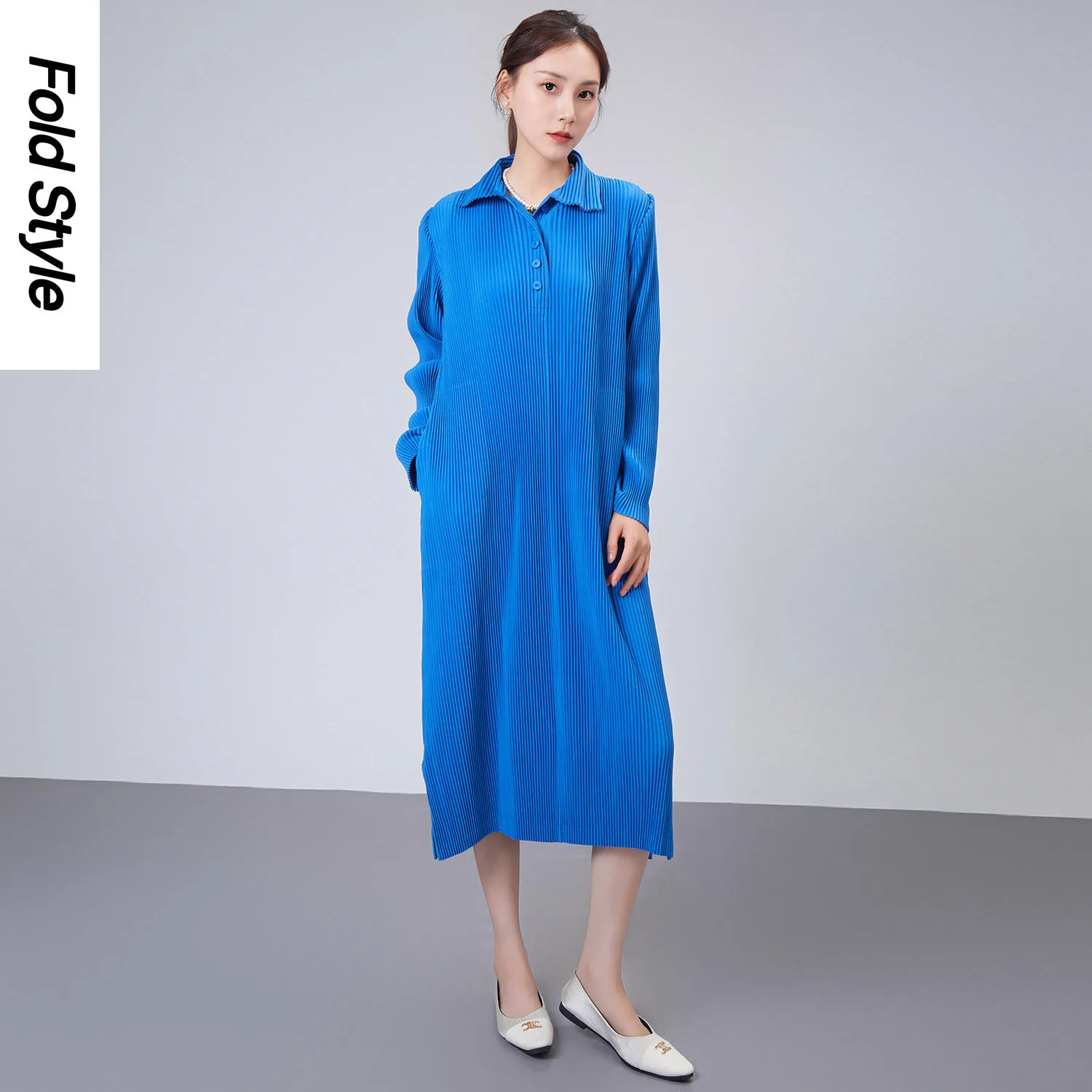 Miyake Pleated Spring and Autumn Season Long Dress for Women's Loose and Simple Casual Style Design Sense Shirt Skirt