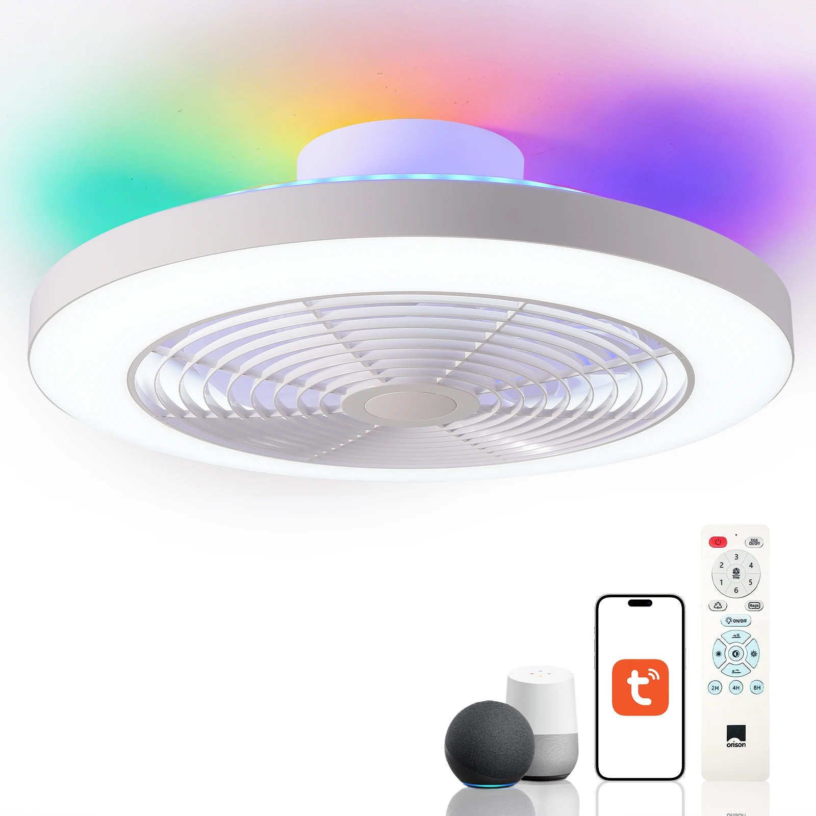 

Orison 19.7-дюймовый умный безлопастной потолочный вентилятор с LED RGB, управлением через Alexa/Google/приложение, 6 скоростей, бесшумный, с пультом ДУ и управлением через приложение