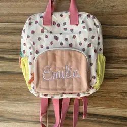 Mochila infantil de algodão lona morango, mochilas de escola primária bonito do bebê, nome personalizado, colorido, novo