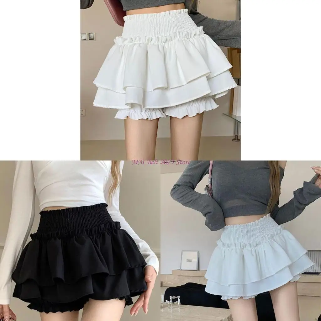 

49ME Womens Shirred High Waist Tiered Ruffle A Line Short Skirt Japanese Ballet Styles Layered Skater Skort with Bloomers