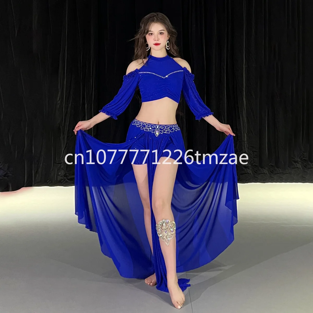 Tulle Half Sleeve Top Premium AB Stones Slit Skirt 2 Pieces Adult Oriental Belly Outfit Women's Belly Dance Garment Suit