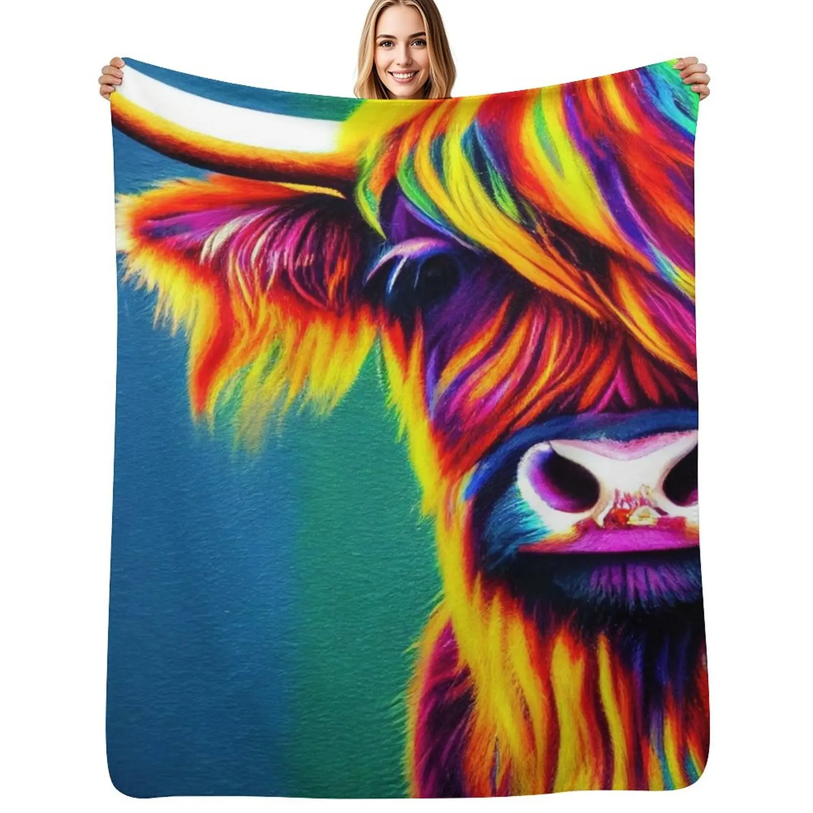 

Rainbow Scottish Highland Cattle, colorful Throw Blanket Comforter Moving Fashion Sofas Personalized Gift Blankets