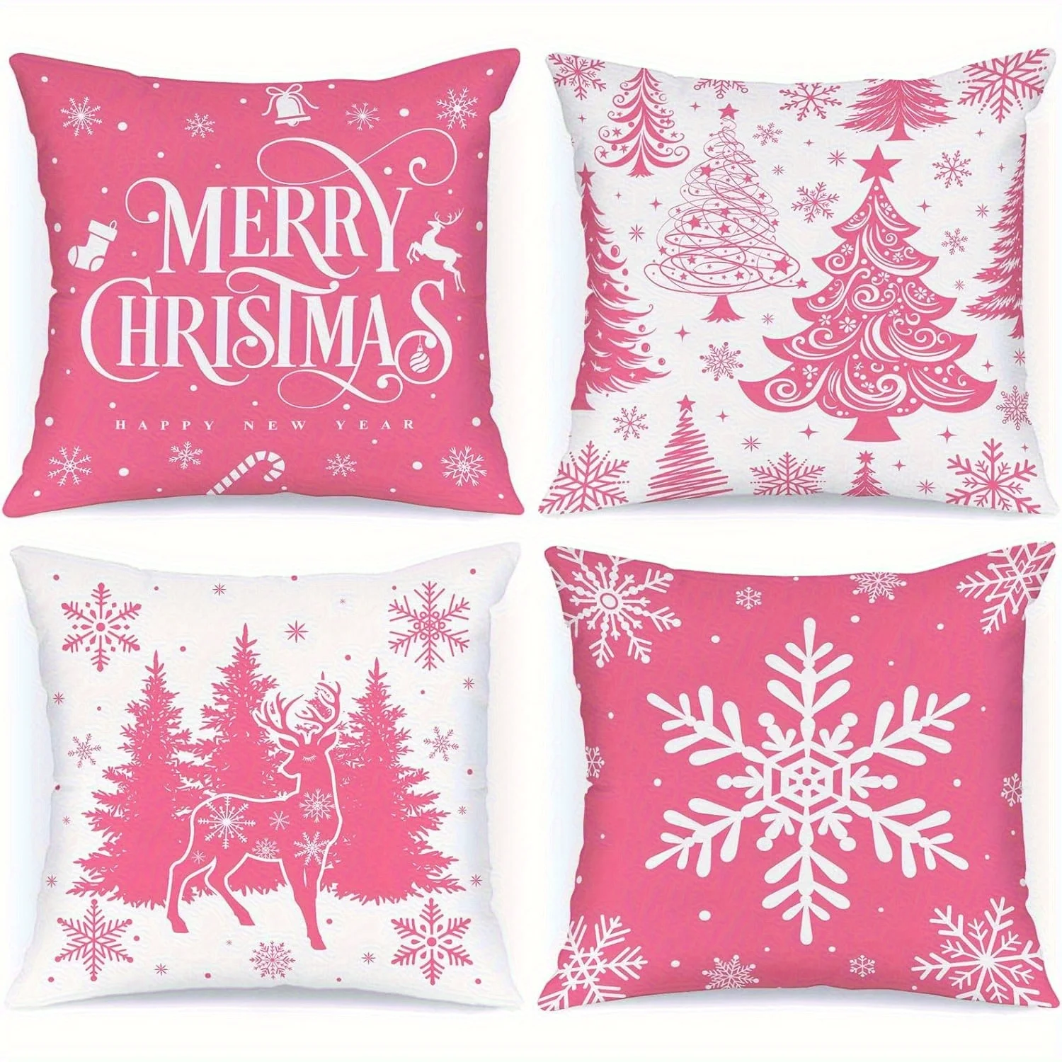 Set of 4 Pink Christmas Pillowcases, Size 18.0 X 18.0 inches, Perfect for Holiday Decoration, Winter Decoration, and Special