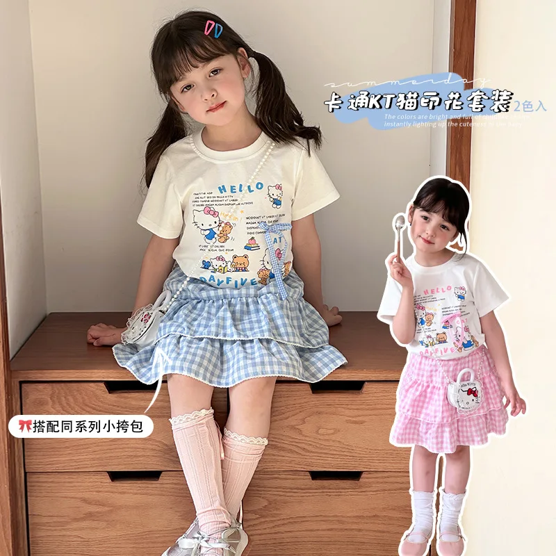 

Delivery Bag Kawaii Hello Kitty Girls Cake Skirt Set Summer Anime Sanrio Girly Heart Cute Girls T-Shirt Short Skirt Suit Gift