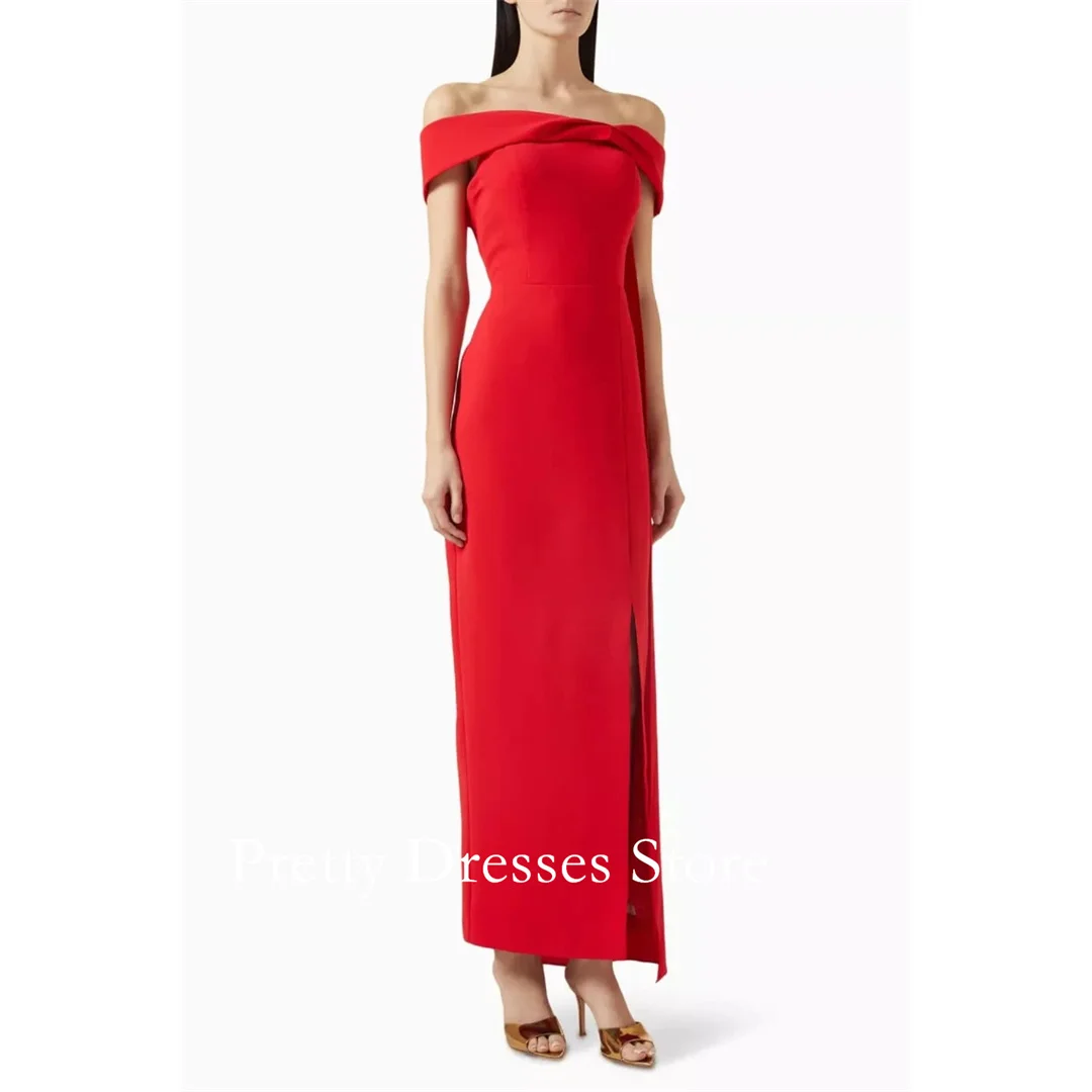 

Off the Shoulder Fashion Style Red Arabic Crepe Vintage Evening Dresses Customized Formal Prom Growns Party Women Bride