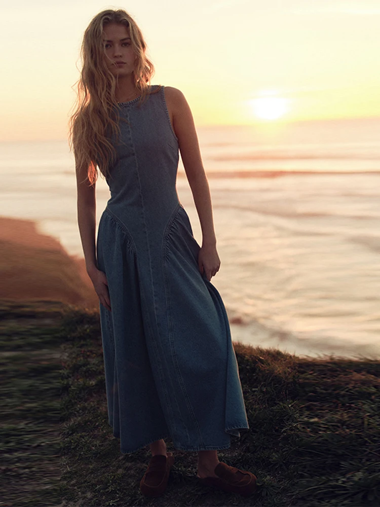 Vrouwen Vintage Hollow Out Denim Maxi Jurk Backless Een Lijn Denim Gewaden Lace Up Vestidos 2025, Nieuwe Dame Zomer Vakantie kleding