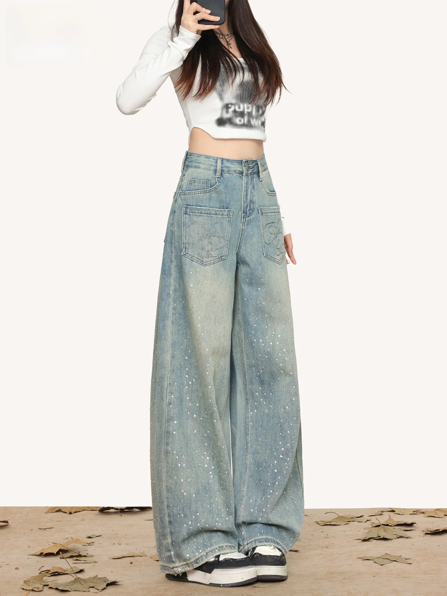 

American Retro Design Rhinestone Denim Pants Women's Loose Slimming Drapey Straight Leg Wide Leg Pants Casual High Waist