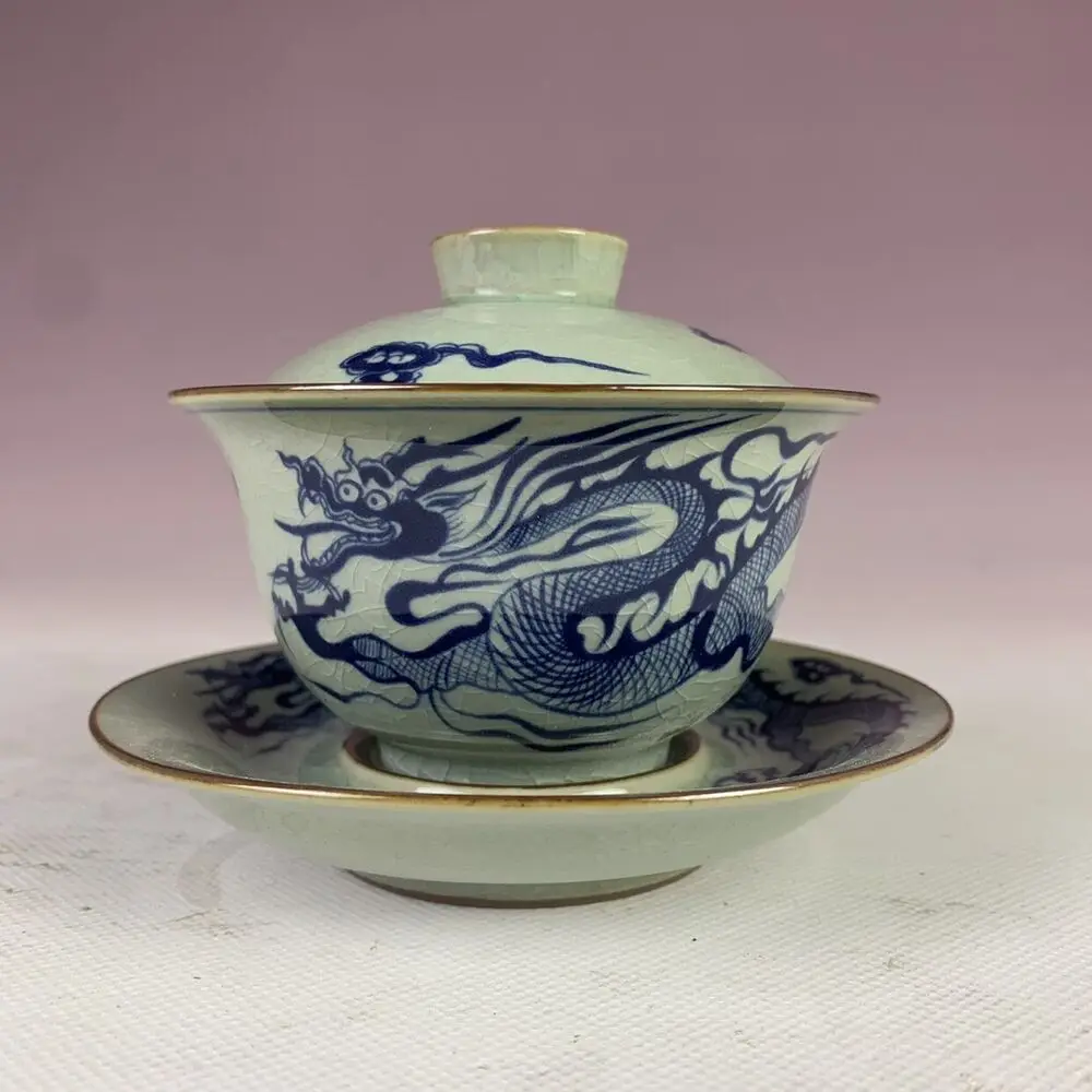 

Chinese Ming Chenghua Blue and White Porcelain Dragon Teacup Cup with Saucer Lid