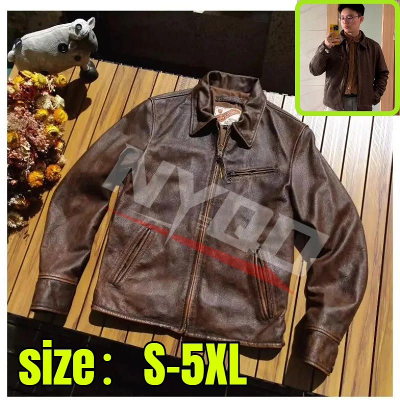

Retro quality natural cowhide jacket Vintage brown genuine leather coat Slim fit Classic Rider leather cloth motorcycle jacket