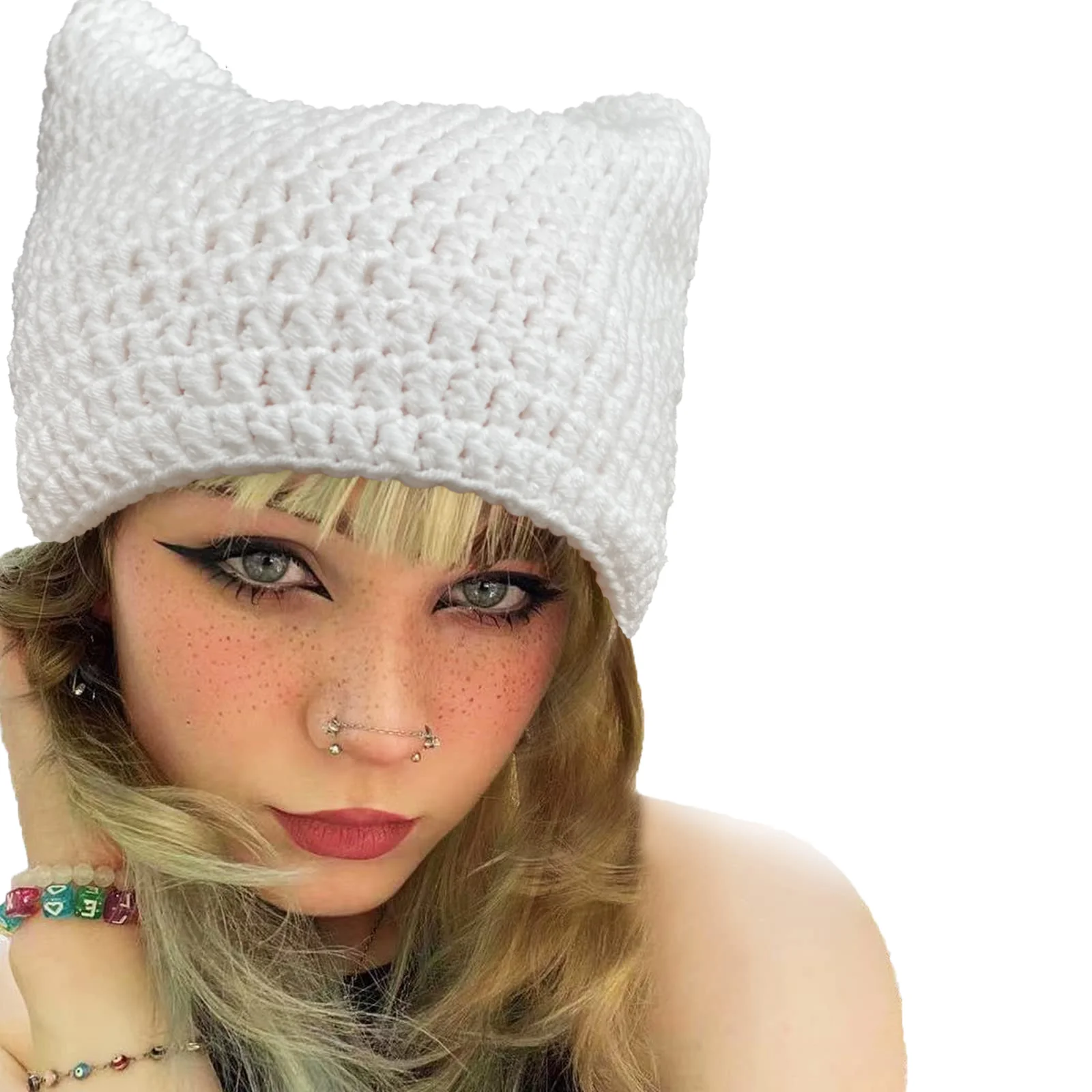 Crochet Hats for Women Men Cat Ear Bonnet Girl Knitted Lazy Style Punk Y2k Cute Slouchy Beanies Loose Fit Handmade Skullies Boys