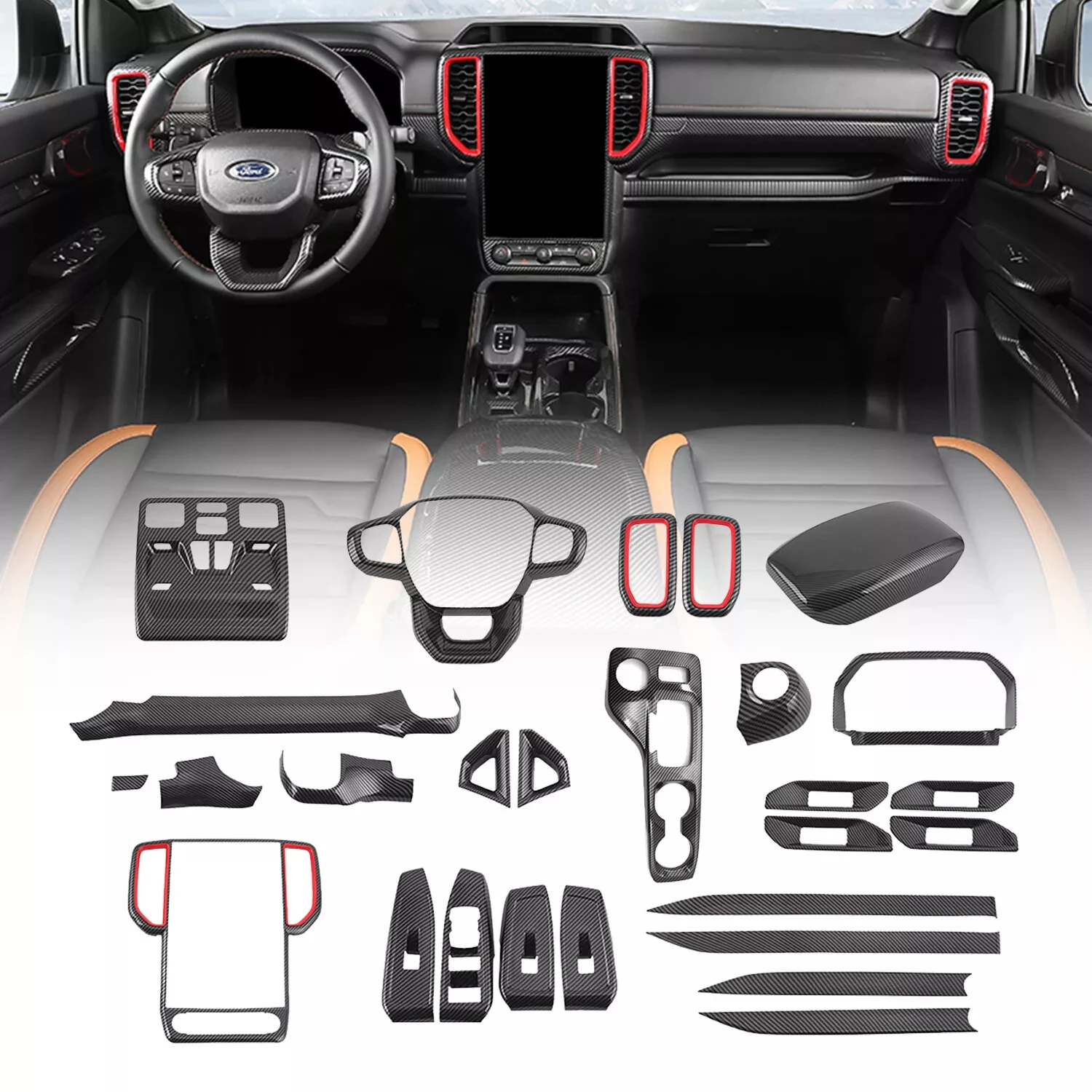 Center Console Gear Shift Strip Trim Cover Sticker for Ford Ranger Everest Raptor 2023 2024 Car Interior Accessorie Carbon Fiber