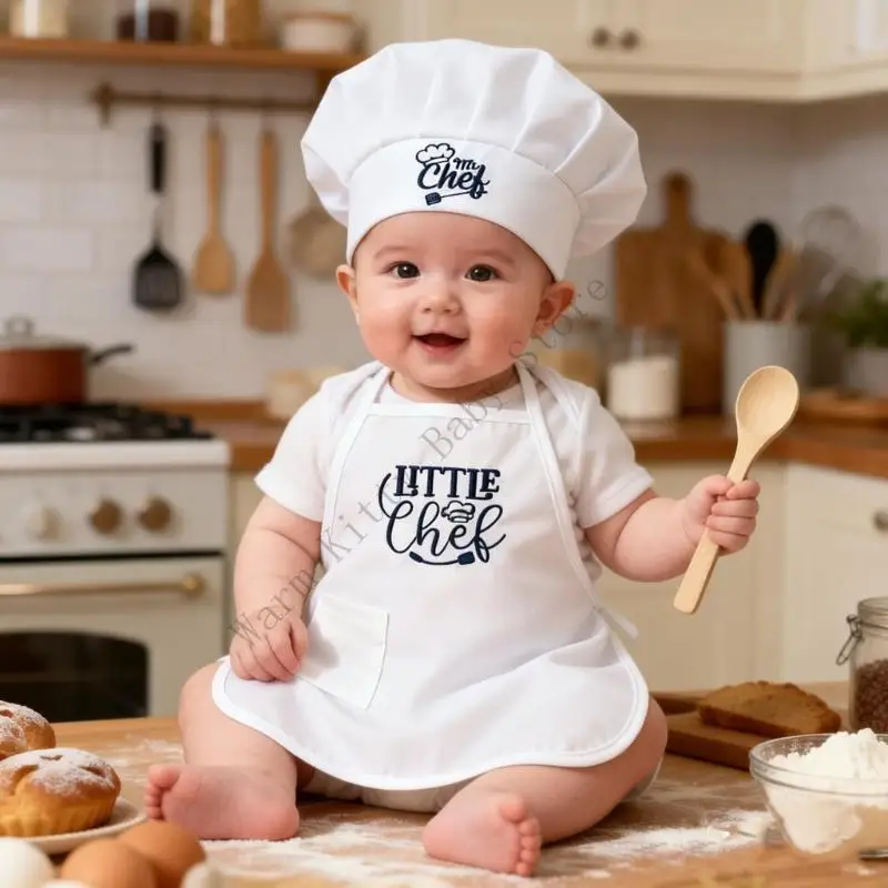 Newborn Photography Props Costume Baby Boys Girls Chef Apron Hat Little Chef Suit For 0-1 Year Studio Photo Accessories