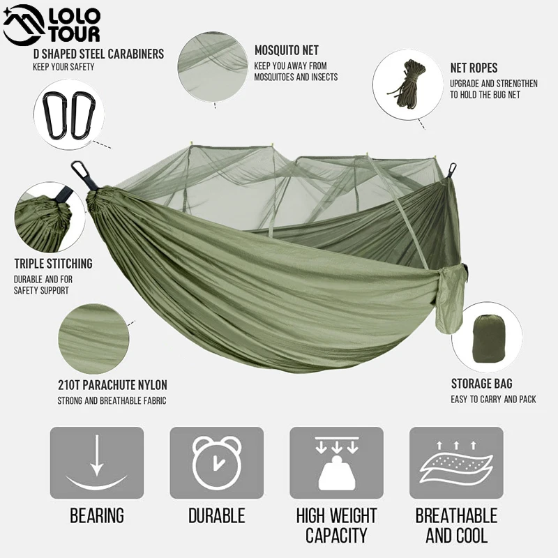 Portable Outdoor Army Green Net Hammock Anti-mosquito Hamac Parachute Hamak Swing Bed Hammock Suitable For 2 People Camping Park