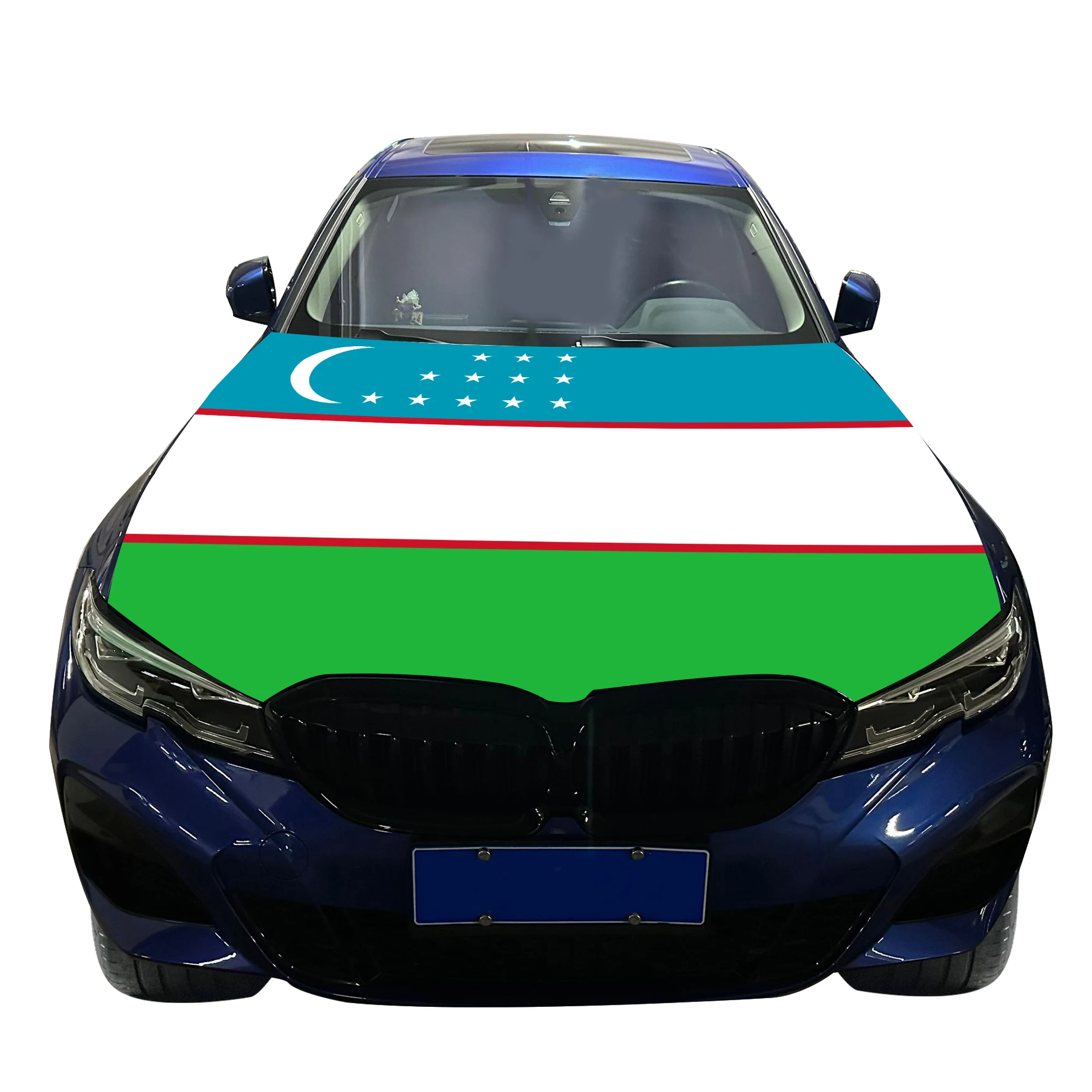 Uzbekistan Car Hood Cover Flag  Universal Size Elastic Polyester 120x150cm for Car Decor