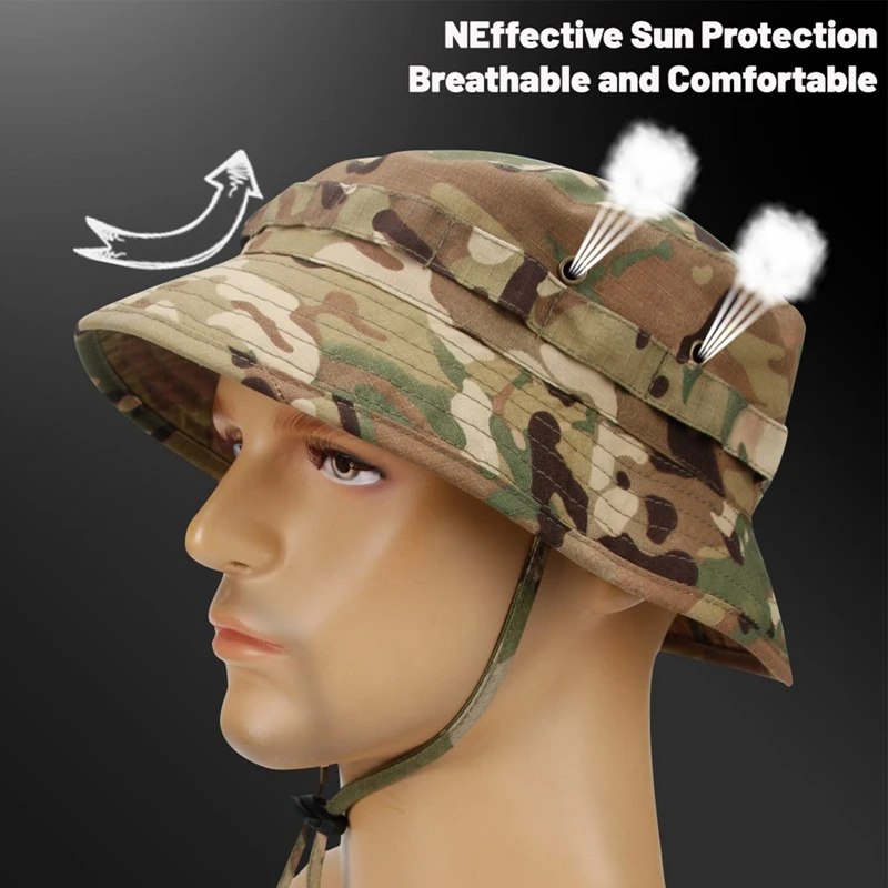 Flat Top Camo Summer Boonie Camouflage Travel Bucket Hat Hunting Fishing Adjustable Jungle Bush Cap Men's Hiking Panama Ha