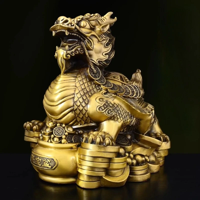 

Feng Shui Wealth Attracting copper Dragon Turtle with Treasure Statue for Home Office Desk