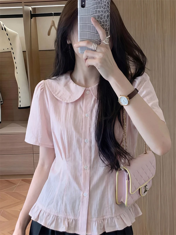 Summer 2026 Women's French Style Loose Fit Shirt Short Sleeve Baby Doll Collar Cool Sensation plus Size Slimming Light Pink