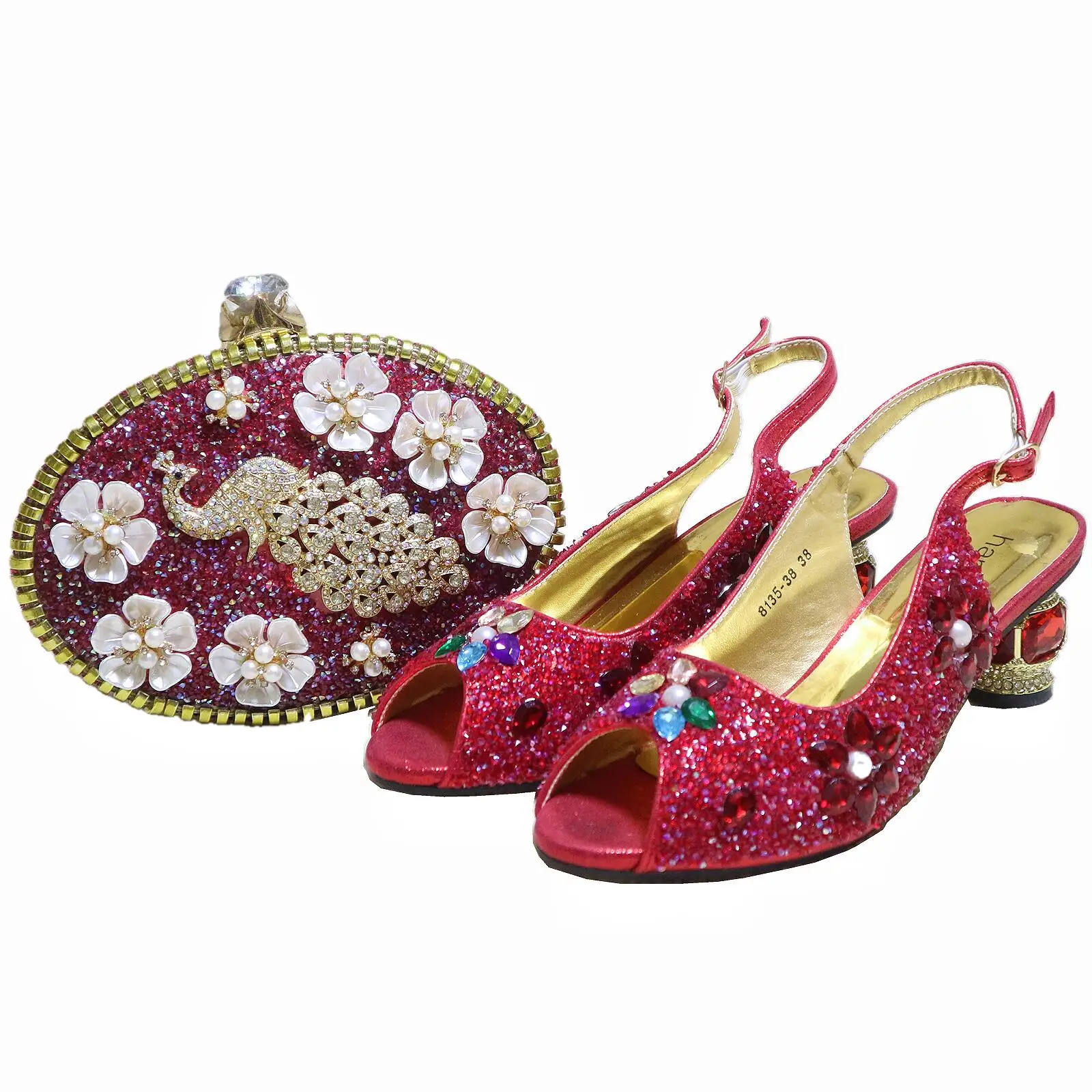 All Season Women Slingback Heeled With Bag Sandals Rhinestone Peep Toes Matching Clutch African Fashion Shoes And Bags Wedding