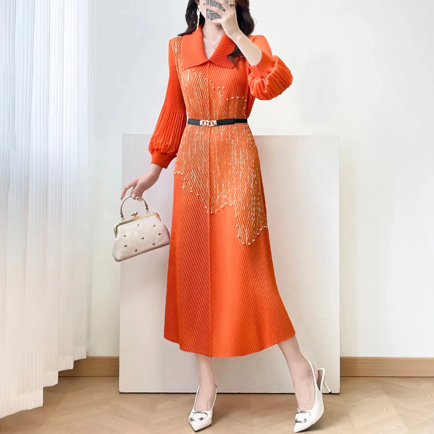 ANLAN Elegant Lapel Pleated Women's Dress Three-quarter Sleeves Fashion Gold Foil Printing 2026 Summer New Famale Clothing 9A128
