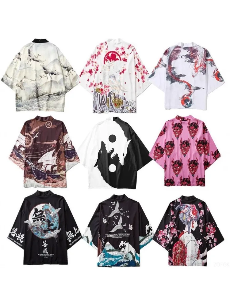 China China-Chique Vintage Wind Kraan Landschap Schilderij Veer Weven Kimono Mantel Taoïstische Gewaad 3D Afdrukken Half Mouw Vest - afbeelding 2