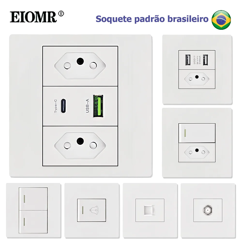 EIOMR Brazil USB Type-C Electrical Socket Switch, 86mm*86mm PC Panel, Wall Computer Combination Socket Switch 20A Power Outlet