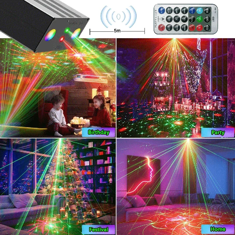 RGB Mini DJ Disco Laser Light Projector LED Strobe Stage Effect 3D Light with Remote Wedding Christmas Holiday Party Light