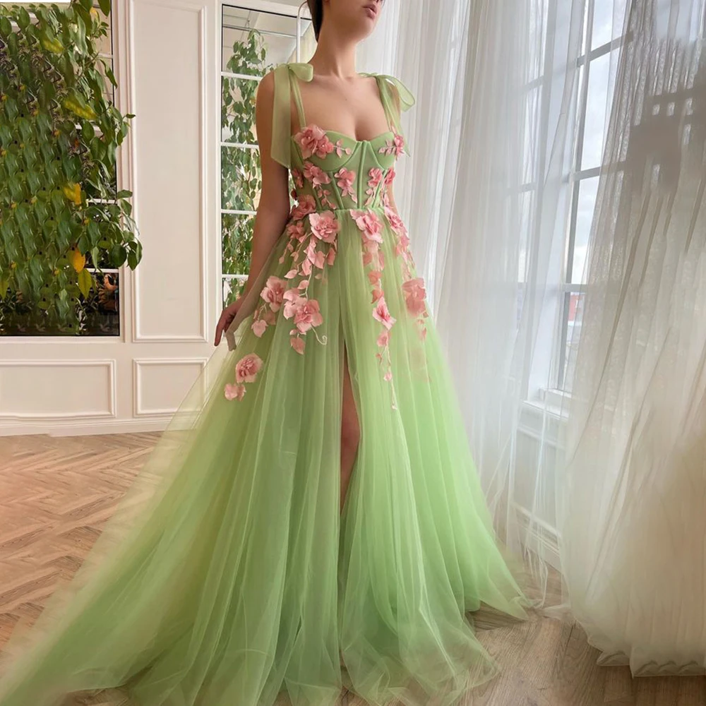 

Green Fair Lace Formal Prom Dresses Pink Flowers A-Line Side Slit Bow Straps Backless Evening Dress Princess Pageant Party Gowns