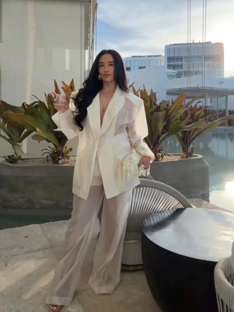 

Elegant See Through Silk Pants Set Women White Baggy Shirt Wide Leg Trousers 2 Pieces Suit 2025 Spring Lady High Street Outfits