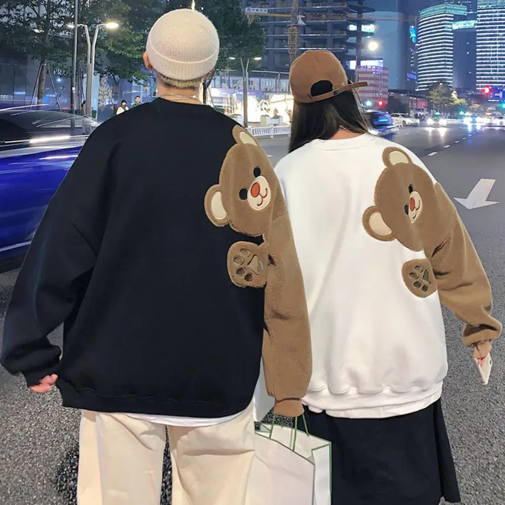 

Autumn Winter Couple Sweatshirt Cartoon Bear Round Collar Long Sleeves Casual Oversized Loose Soft Warm Men Women Sport Top