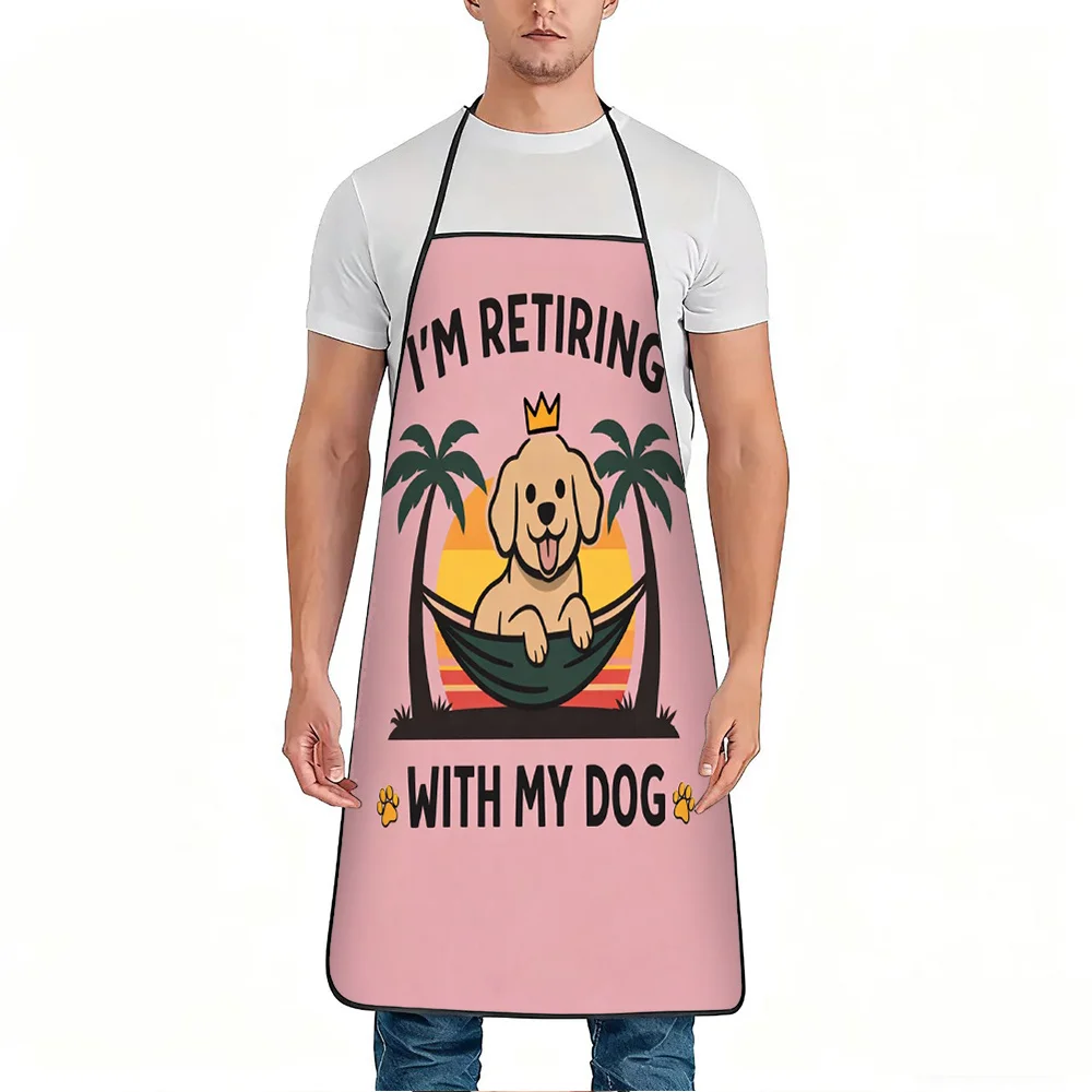 1pc Retiring with My Dog Funny Print Apron, Durable and Easy to Clean, Adjustable Waistband, Polyester Material, for Kitchen Coo