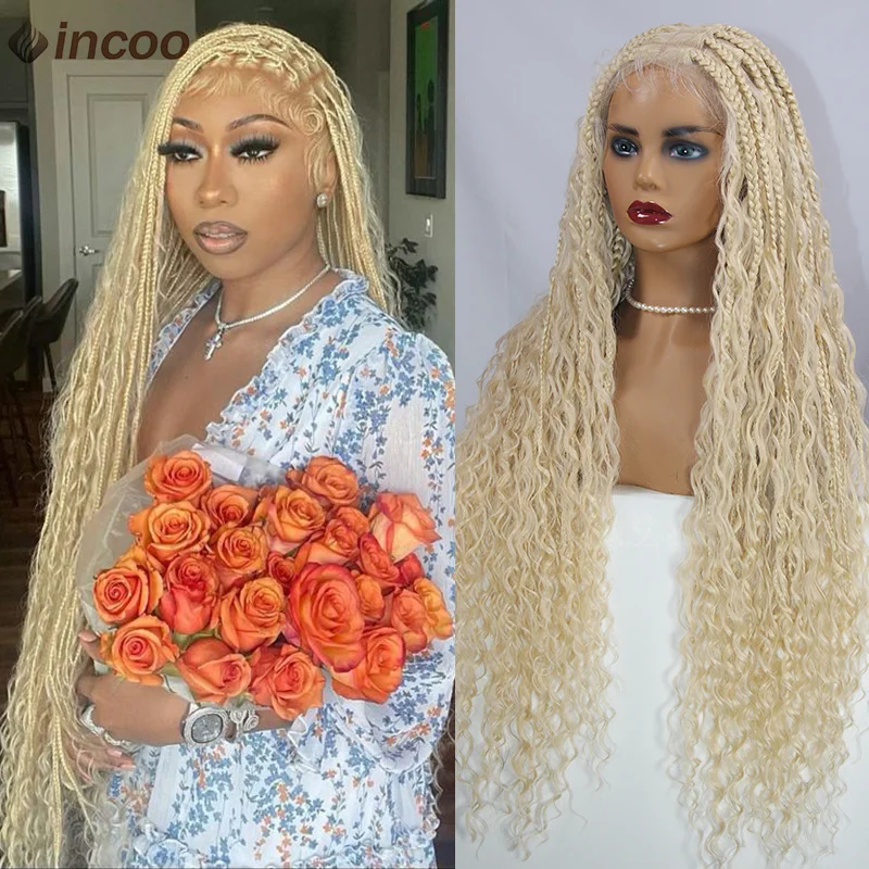 

Honey Blonde 613 Boho Box Braided Wigs Women Synthetic Braided Lace Front Wig Curly Ends Square Knotless Box Braids Wig Cornrows