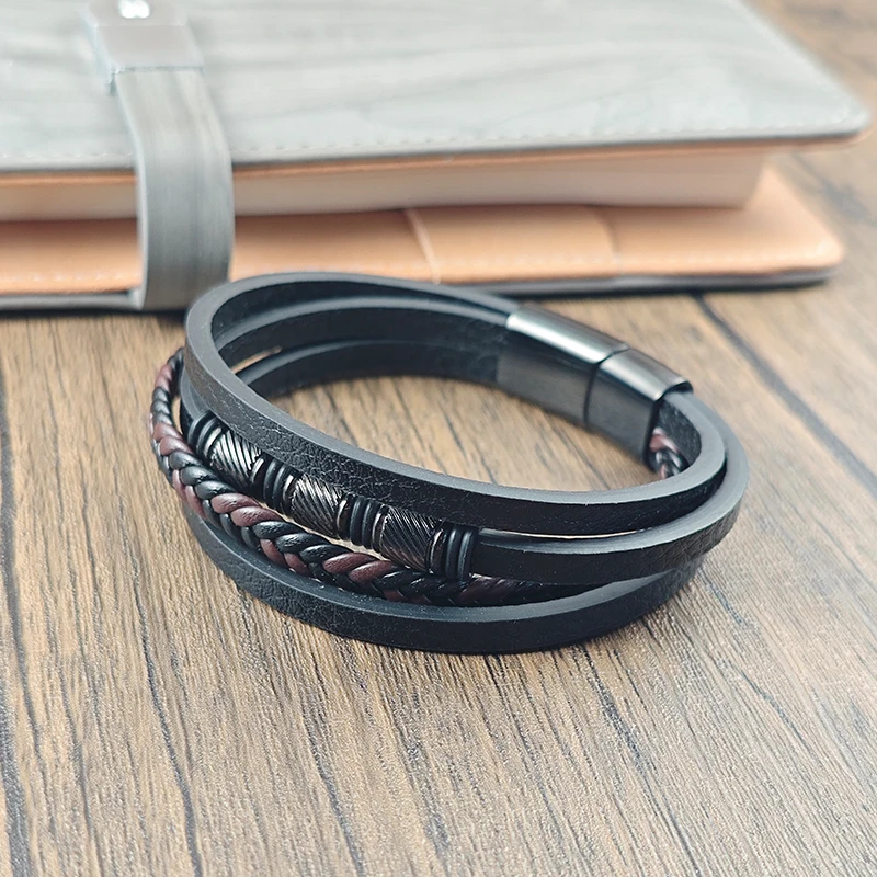 

Simple Style Stainless Steel Men Leather Bracelet Exquisite Twill 2 Color Scheme 20.5/22CM Men's Jewelry Gift Dropshipping