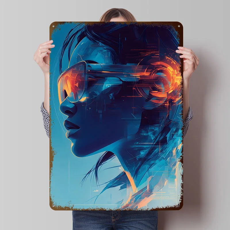 Cyberpunk Woman in Sunglasses Metal Poster Customized Wall Art Retro Vintage Tinplate Signs for Office Decor Room House Interior