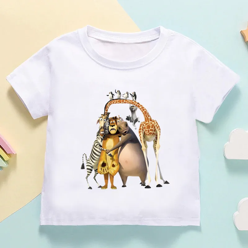Hot Sale Animals of Madagascar Lion Zebra Giraffe Print Kids T Shirt Girls Summer Tops Baby Boys Clothes Funny Children T-shirt