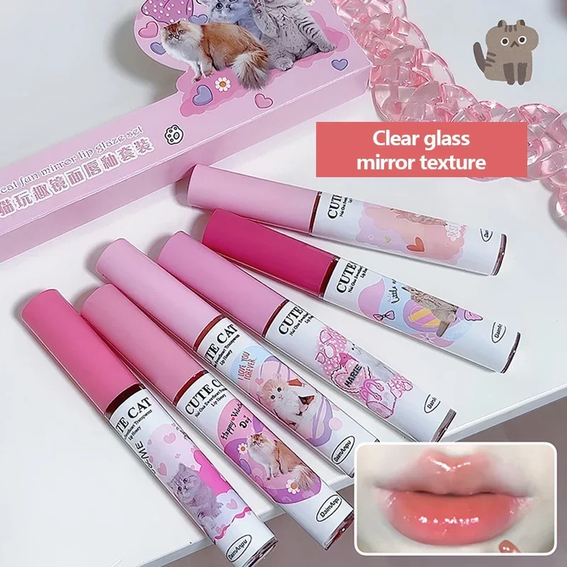 6pcs Cute Mirror Glass Lip Glaze Set Water Light Cat Lipstick Jelly Oil Lip Gloss Korean Lip Tint Watery Makeup Girl Cosmetic