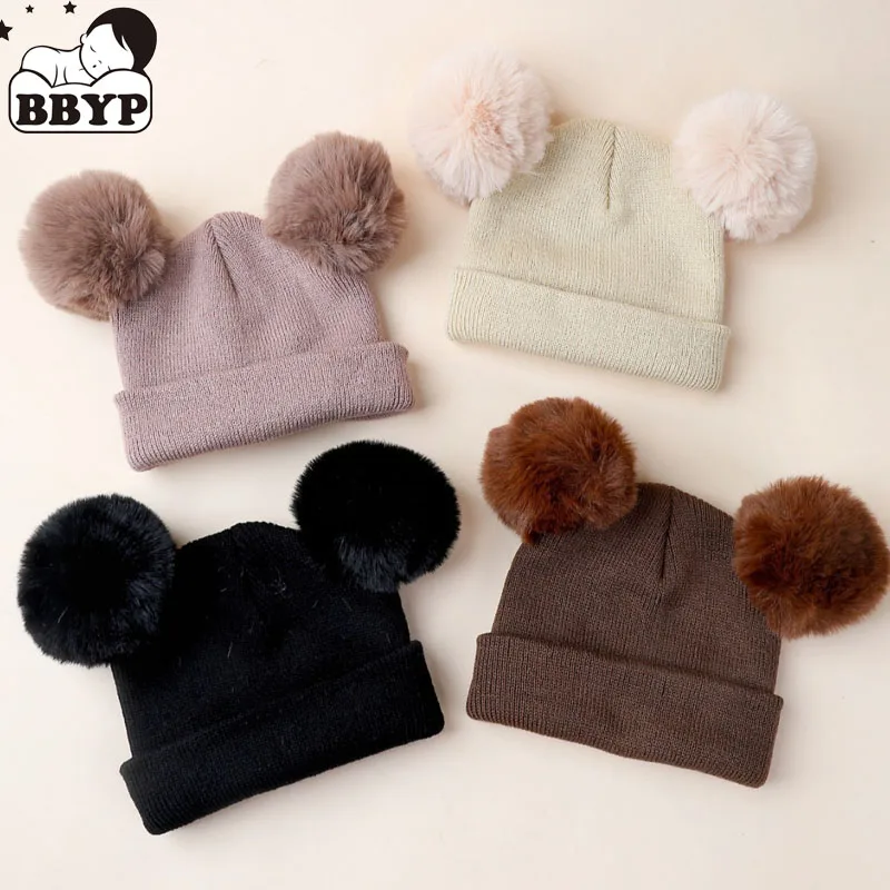 

Милые зимние теплые детские шапки для маленьких девочек и мальчиков, однотонная вязаная шапка с помпоном, вязаная крючком шапка с помпоном, однотонная детская шапка, От 1 до 3 лет
