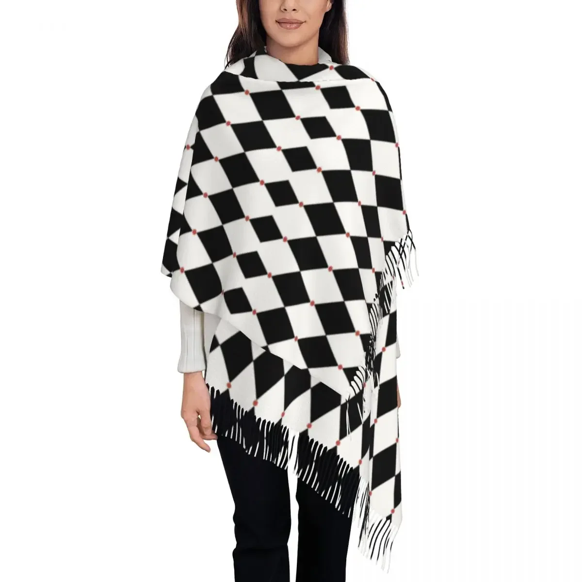 Womens Scarf with Tassel Harlequin Long Winter Warm Shawl and Wrap Card Suits Poker Daily Wear Pashmina Scarves