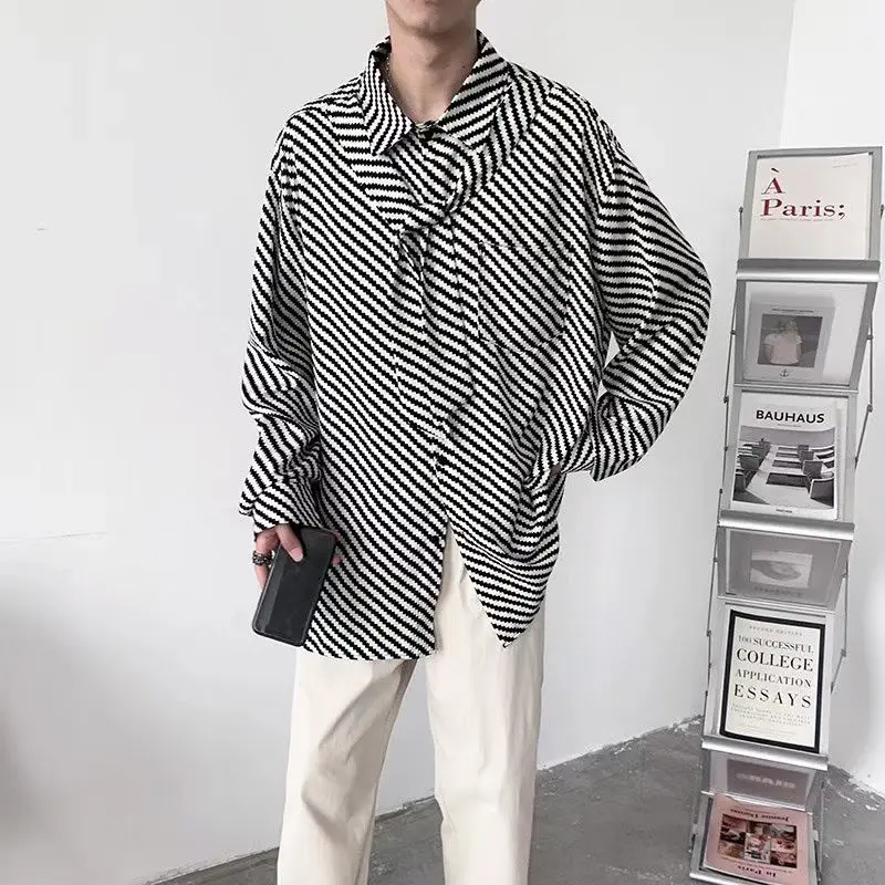 Street Casual Fashion Classic Striped Loose Button Straight Turn-down Collar Man Spring Summer Thin Men\'s Clothing 2023 Korean