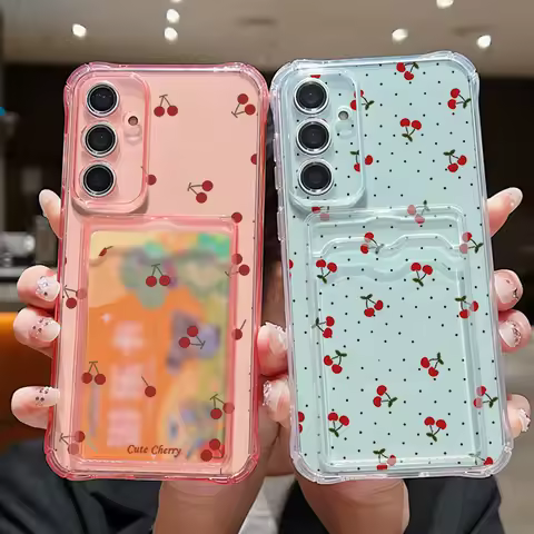 Little Cherry Pattern Card Bag Wallet Case For Samsung Galaxy S23 S24 FE S25 S22 Ultra A55 A56 A36 A35 A25 A15 A16 5G TPU Cover