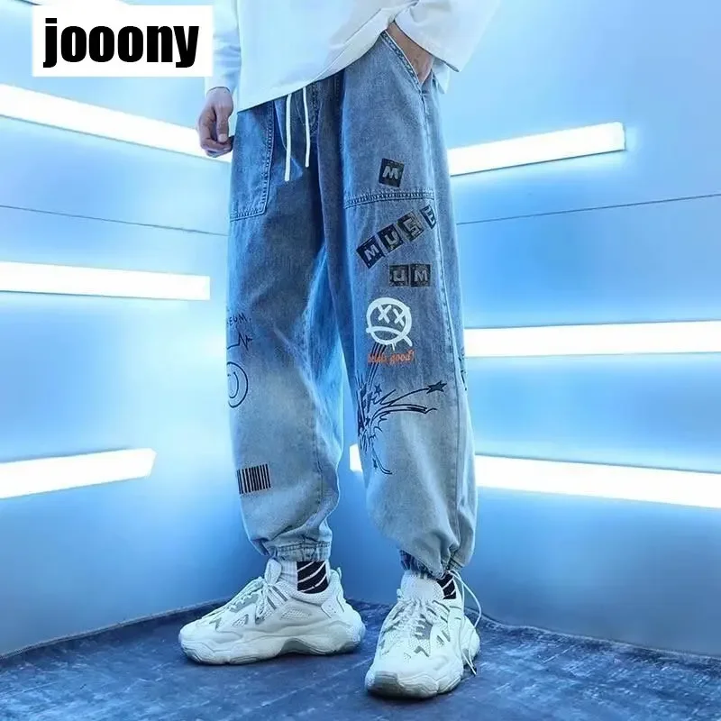 

Мужские джинсы 2024, модный дизайн, свободные брюки до щиколотки с принтом в стиле хип-хоп, повседневные брюки в стиле Харадзюку с расширенным ощущением, базовые брюки