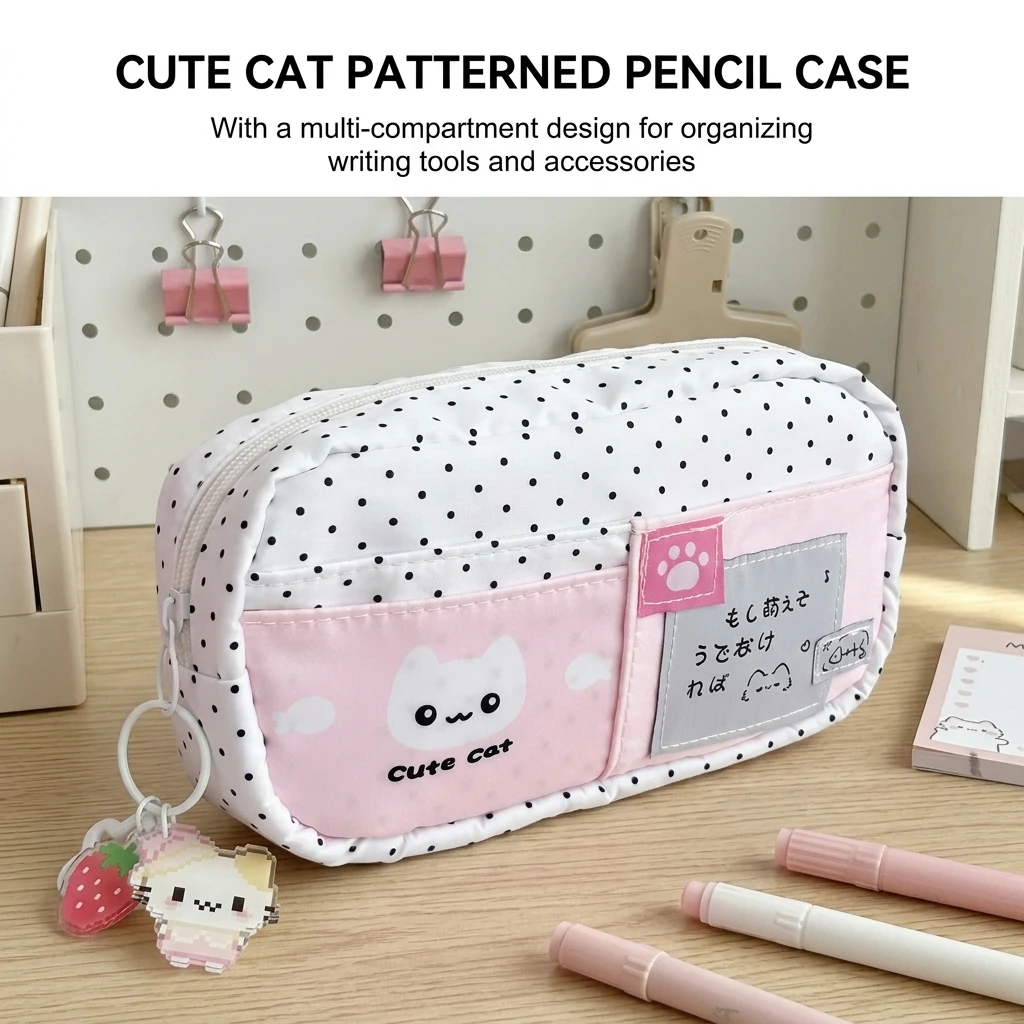 Federmäppchen mit Katzenmuster und blauem Polka-Dot-Design, Federtasche für Schüler, Schulbedarf, mehrschichtige Stifttasche mit großem Fassungsvermögen – Detail 9
