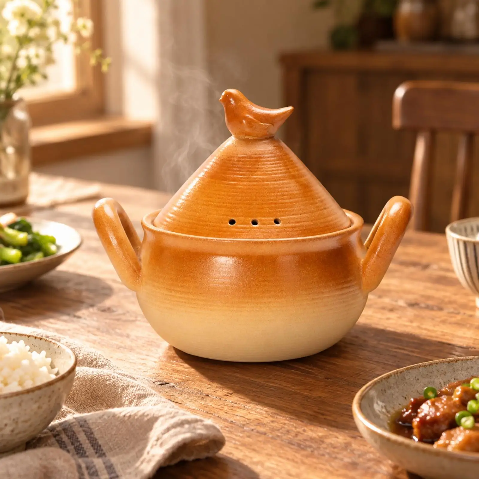 Ceramic Casserole Dish with Two Handles Conical Lid for Gas Stove Cooking Table Serving Family Dinner Pot