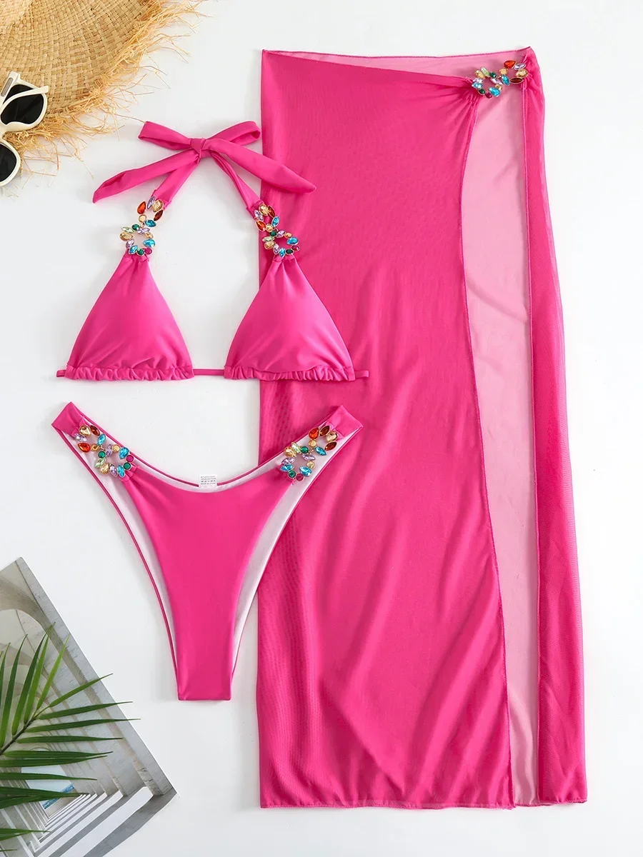 

Mesh Skirt Halter Jewelled Diamond Bikini Female Swimsuit Women Swimwear Three-pieces Bikini Set Bathing Suit Swim Beachwear