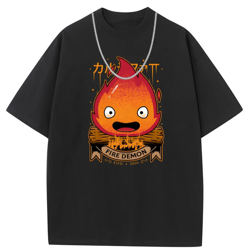 Calcifer-Camiseta de demonio para niños, camiseta lavada de Hip Hop, sudaderas Retro para niños, manga larga, estilo familiar, ropa de calle