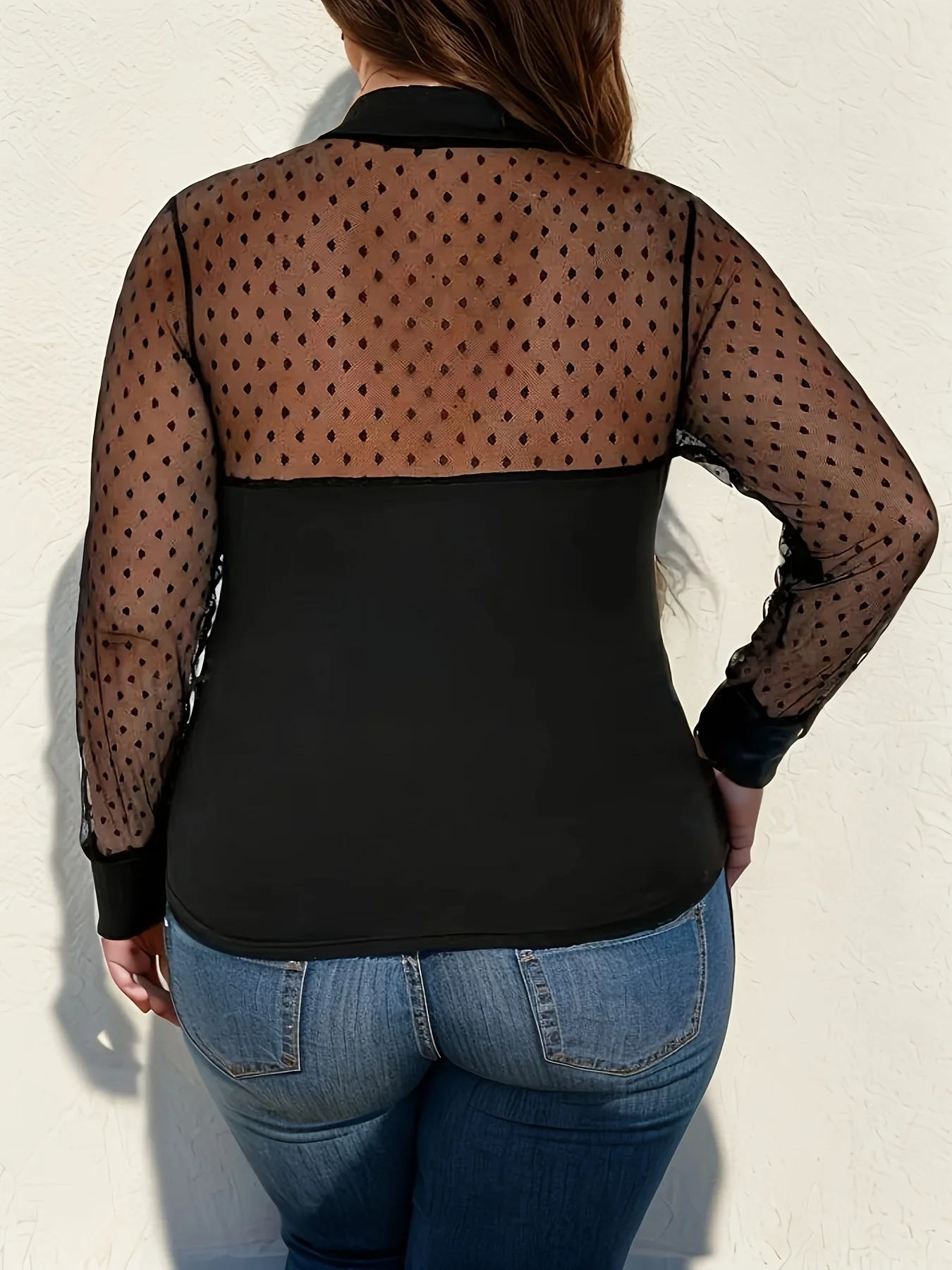 Plus Size Swiss Dot Mesh Stitching Blouse, elegancki top z kołnierzykiem i długim rękawem na wiosnę i jesień, odzież damska w dużych rozmiarach