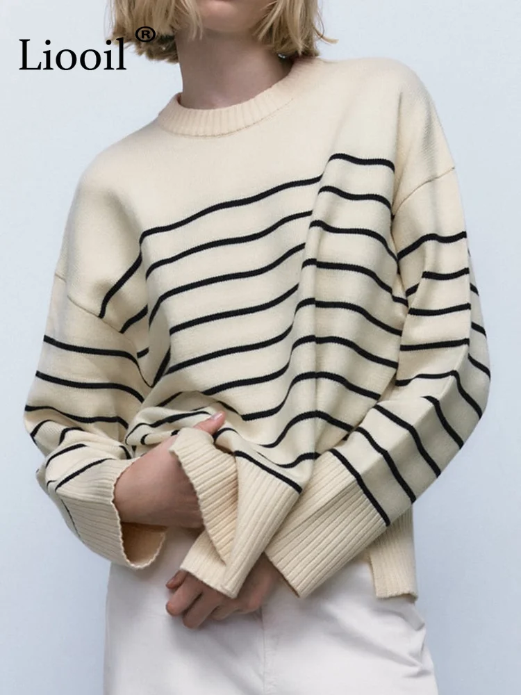 Beige Stripe Baggy Sweater Women Pullover Streetwear Long Sleeve Knitted Tops Female Jumper Autumn Winter Loose Knitted Sweaters