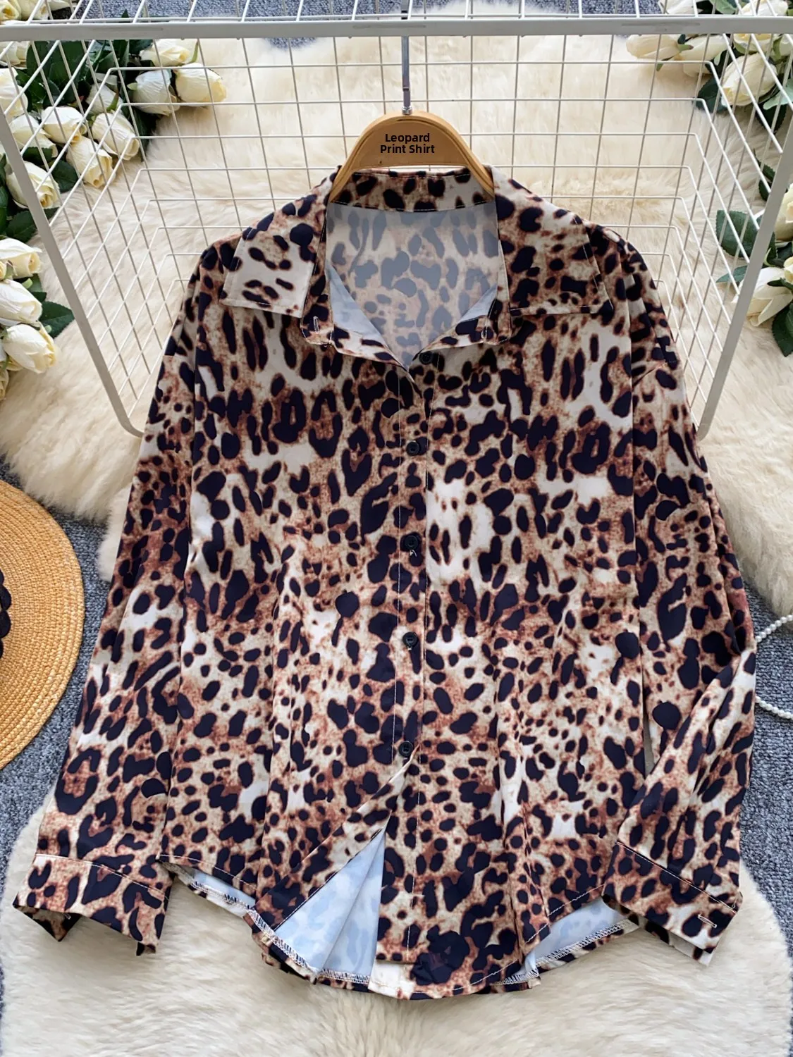 French Style Loose Fit Long Sleeve Leopard Print Shirt Women's Casual Commute Top Slimming Polyester Fiber 2026 Autumn